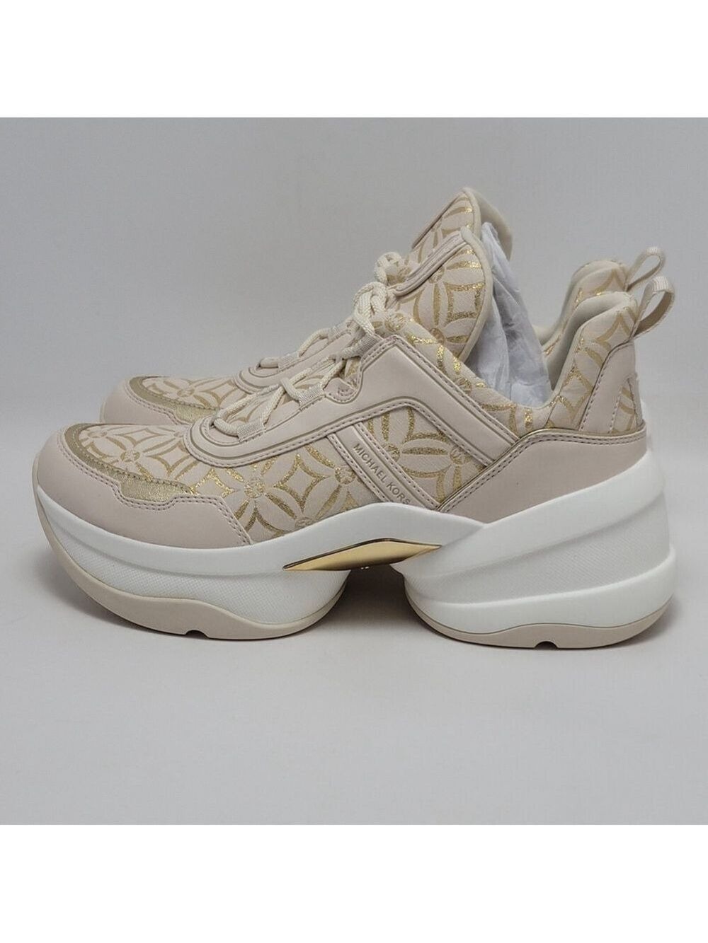 Michael Kors Olympia Metallic Logo Jacquard Trainer Cream Gold Women's 10M NIB - Picture 2 of 13